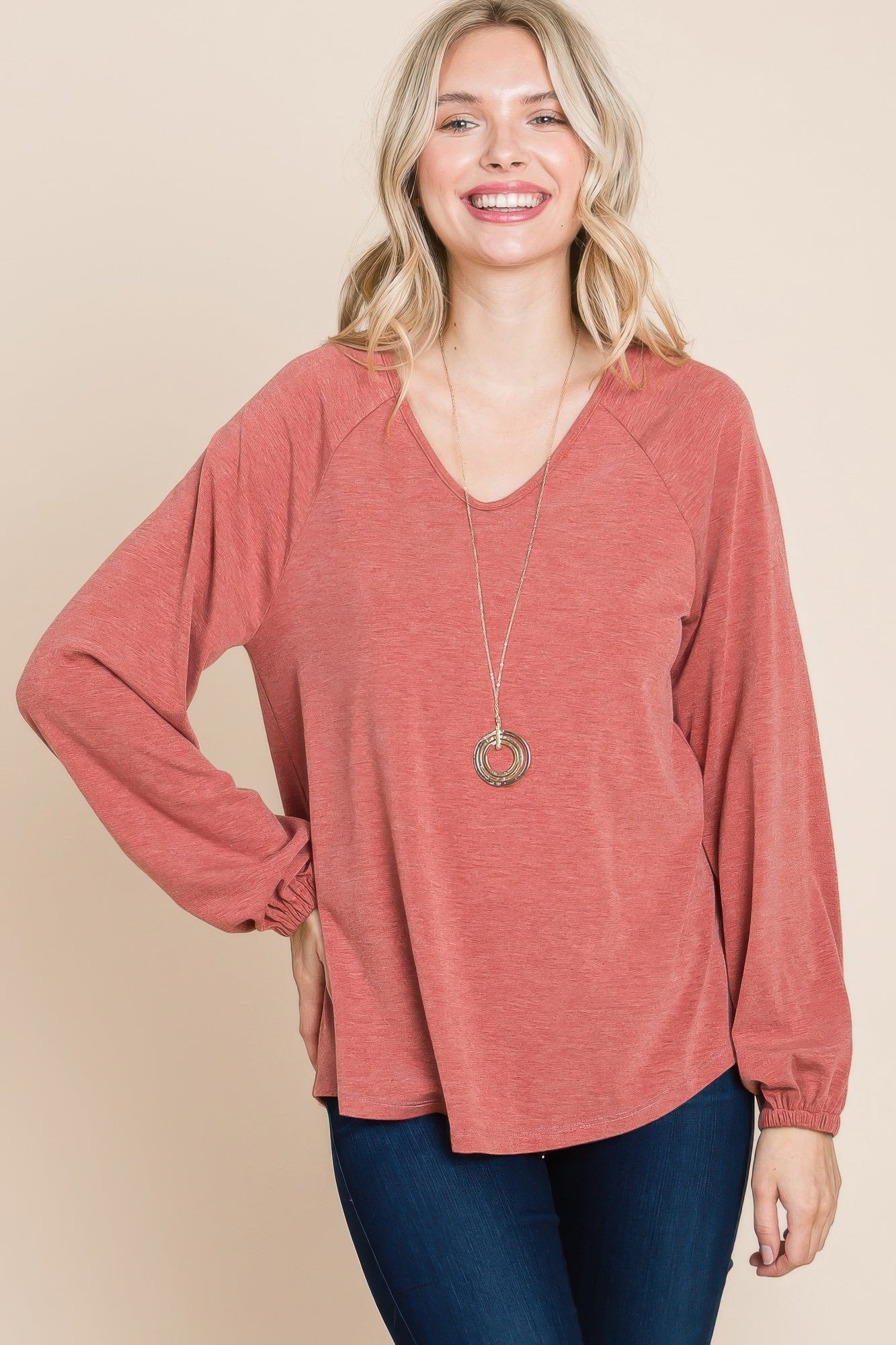 Casual V Neck Basic Long Sleeve Top in Rust Simmer & Fay   