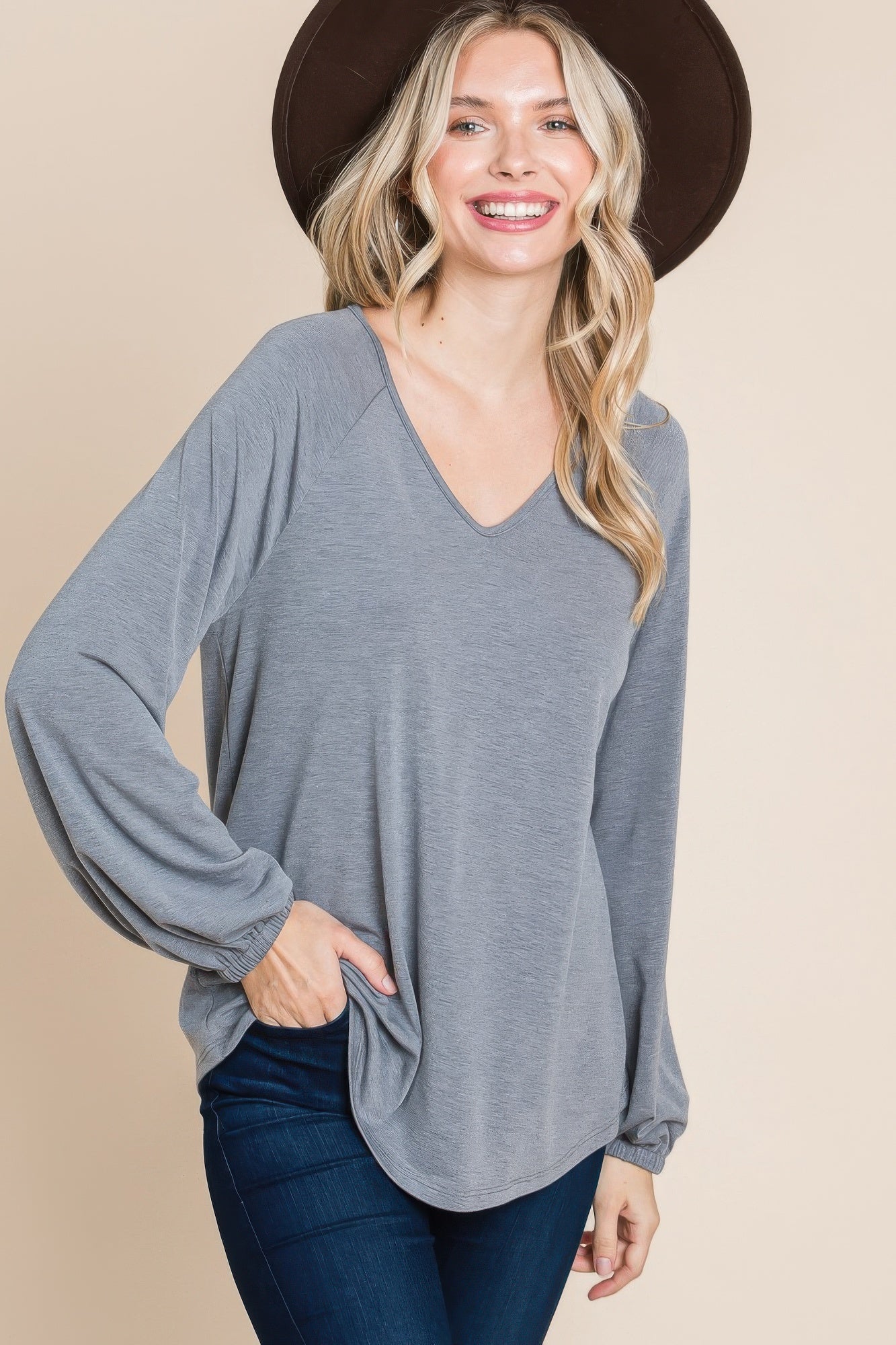 Casual V Neck Basic Long Sleeve Top In Grey Simmer & Fay   