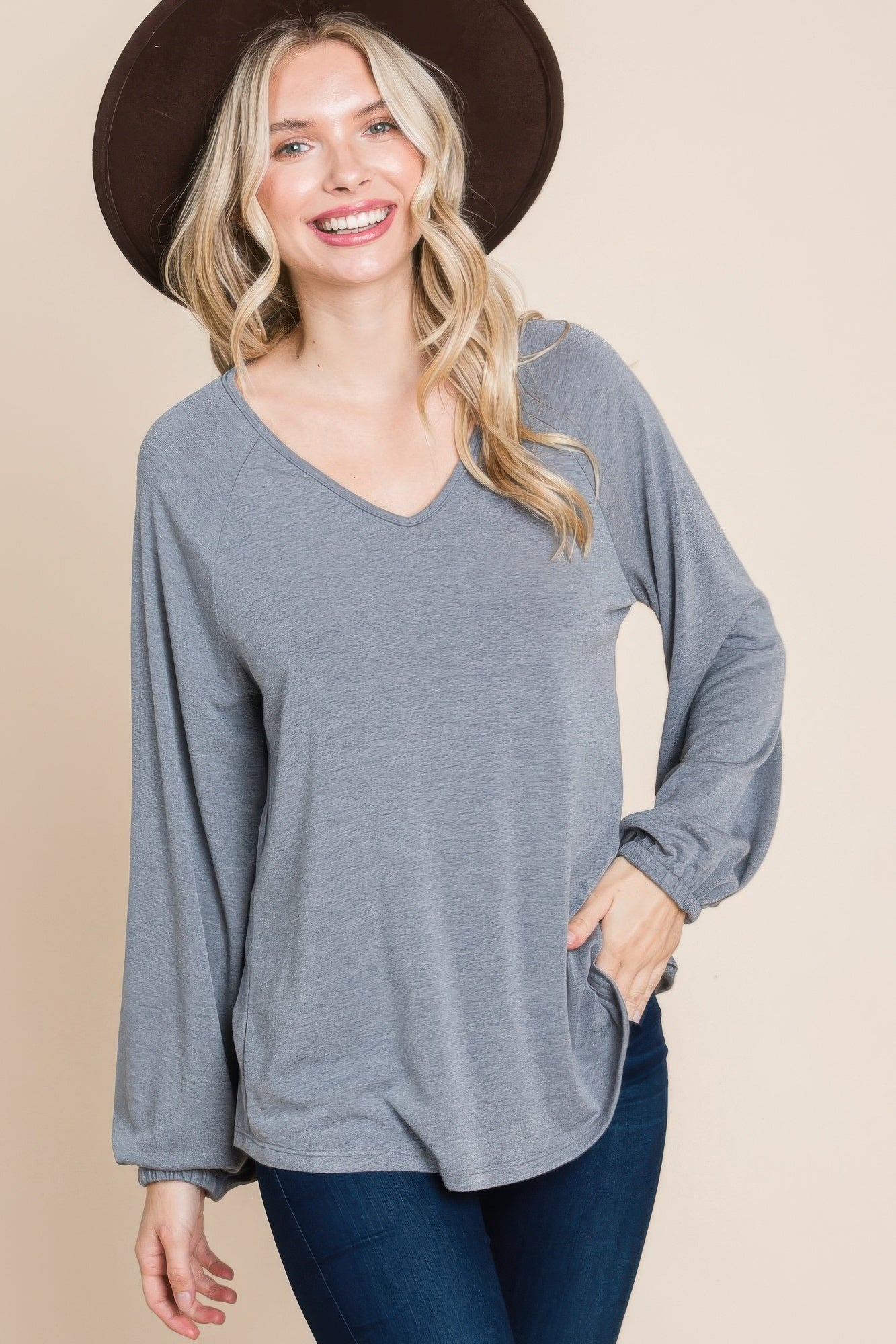 Casual V Neck Basic Long Sleeve Top In Grey Simmer & Fay   