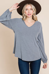 Casual V Neck Basic Long Sleeve Top In Grey Simmer & Fay   