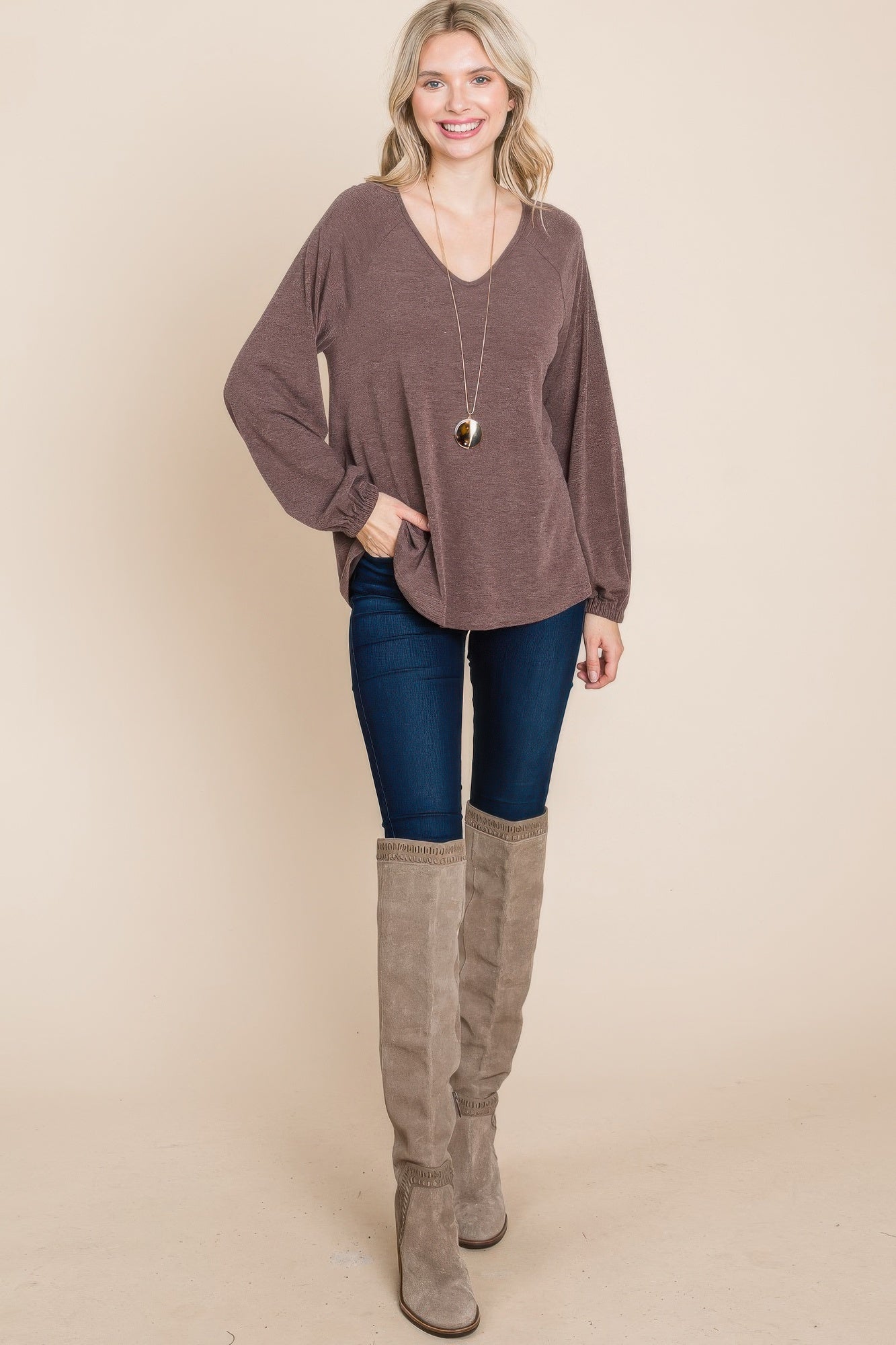 Casual V Neck Basic Long Sleeve Top in Brown Simmer & Fay   