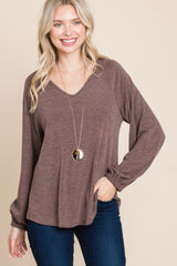 Casual V Neck Basic Long Sleeve Top in Brown Simmer & Fay   