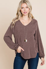 Casual V Neck Basic Long Sleeve Top in Brown Simmer & Fay   