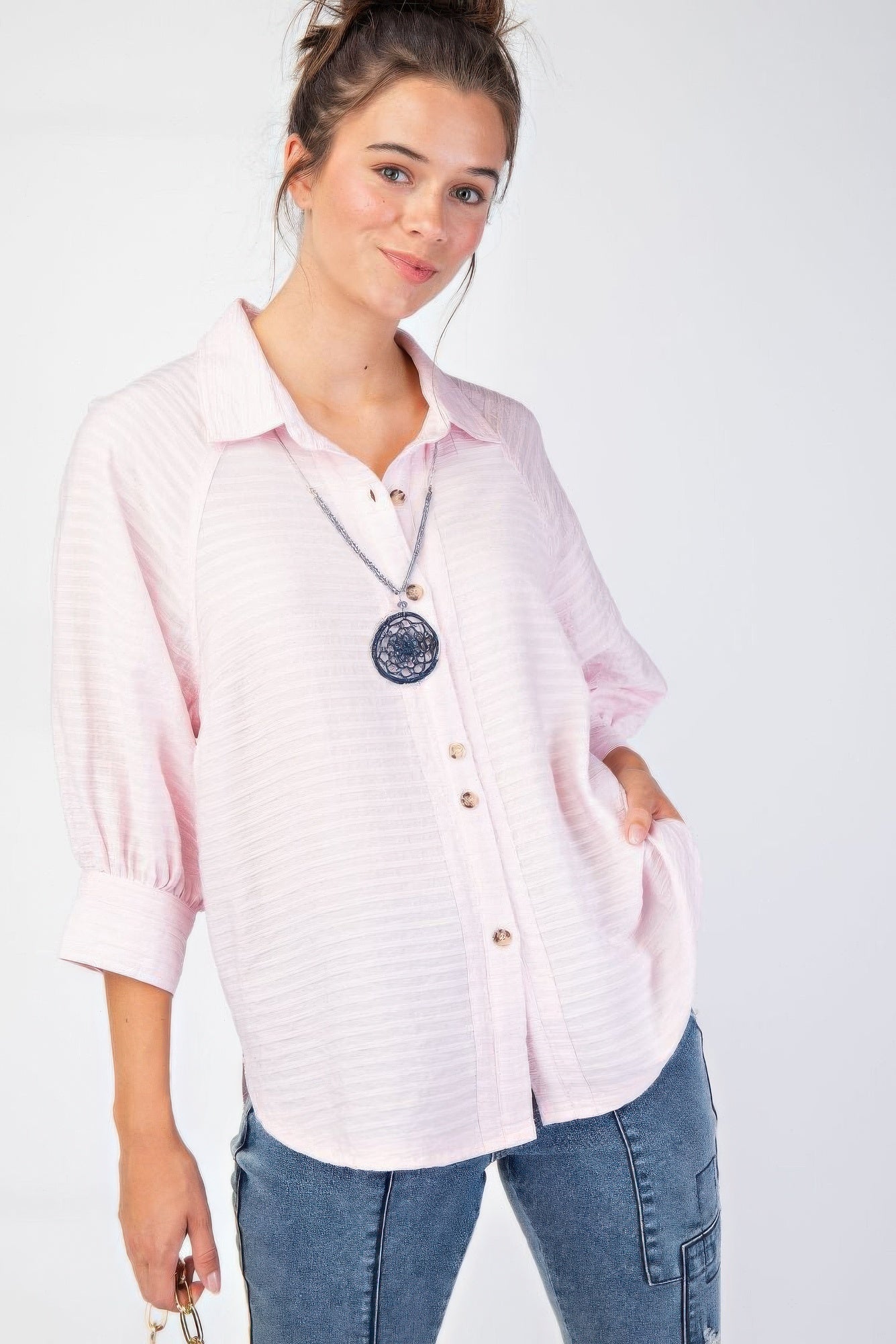 Button Down Textured Woven Shirt in Pink Simmer & Fay