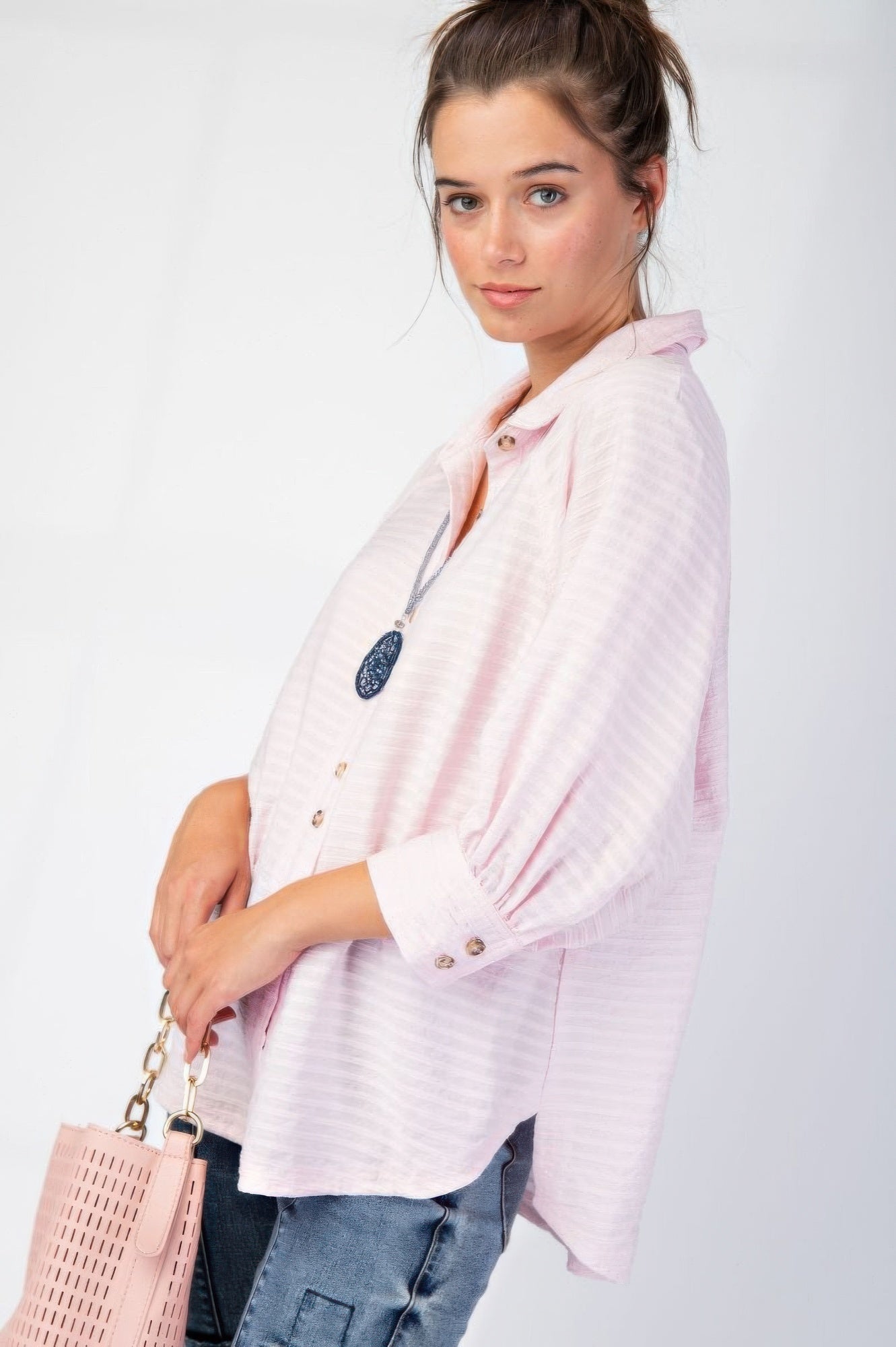 Button Down Textured Woven Shirt in Pink Simmer & Fay