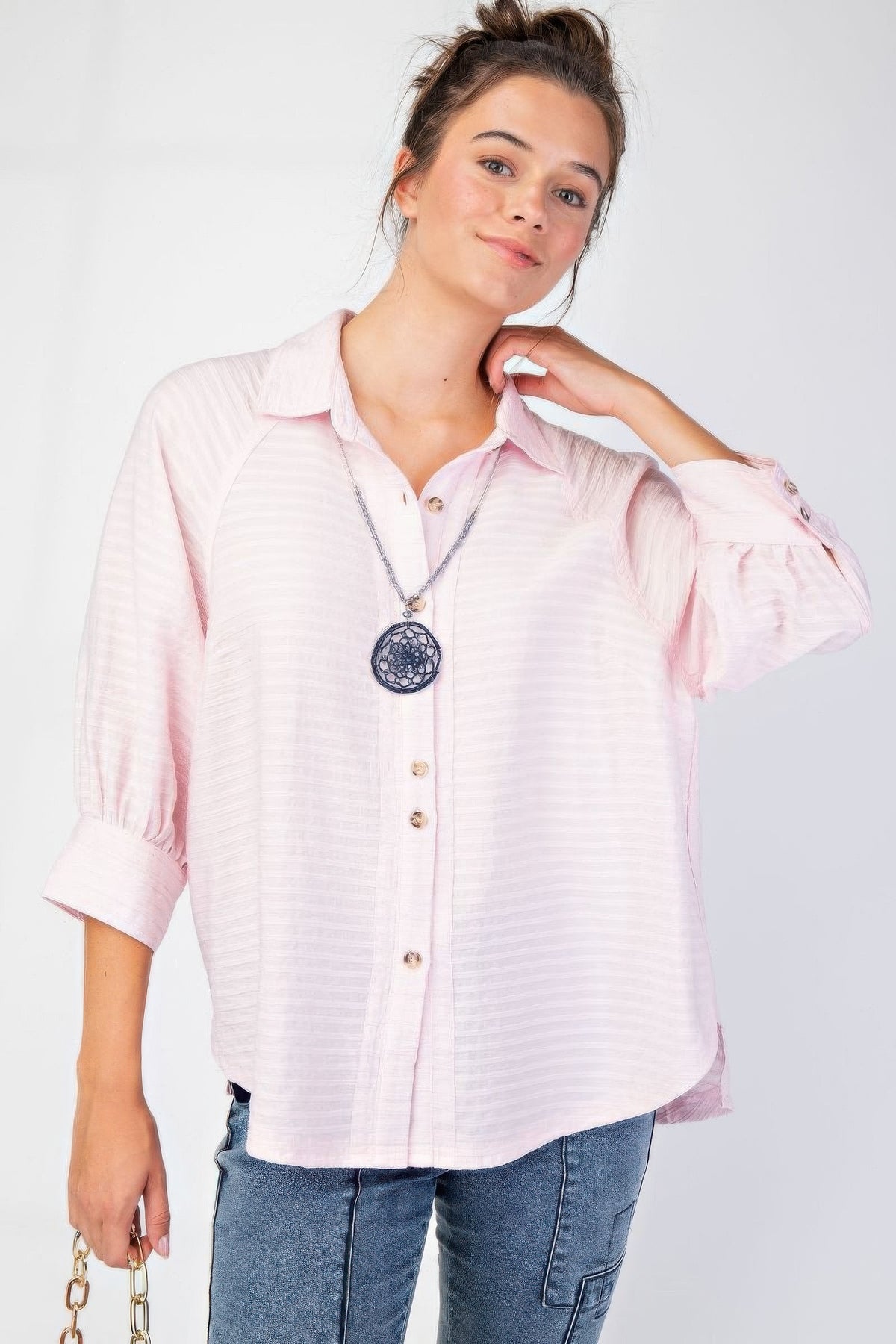 Button Down Textured Woven Shirt in Pink Simmer & Fay S