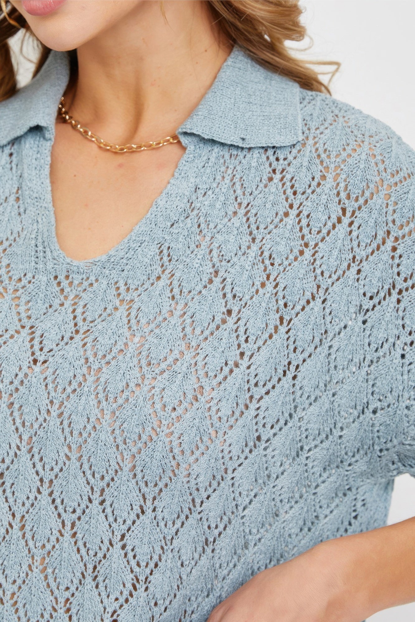 Blue Pointelle V-neck Knit Top Simmer & Fay