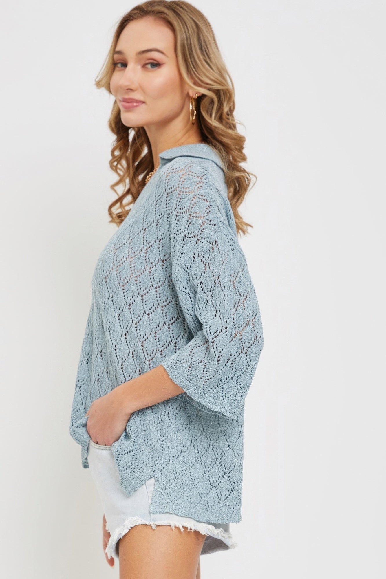Blue Pointelle V-neck Knit Top Simmer & Fay