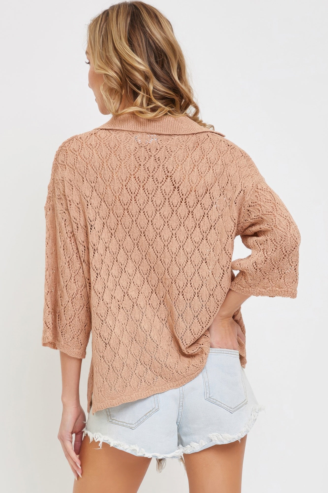 Beige Pointelle V-neck Knit Top Simmer & Fay