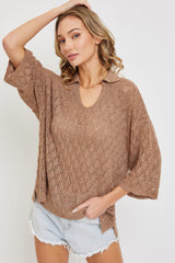 Mocha Pointelle V-neck Knit Top Simmer & Fay