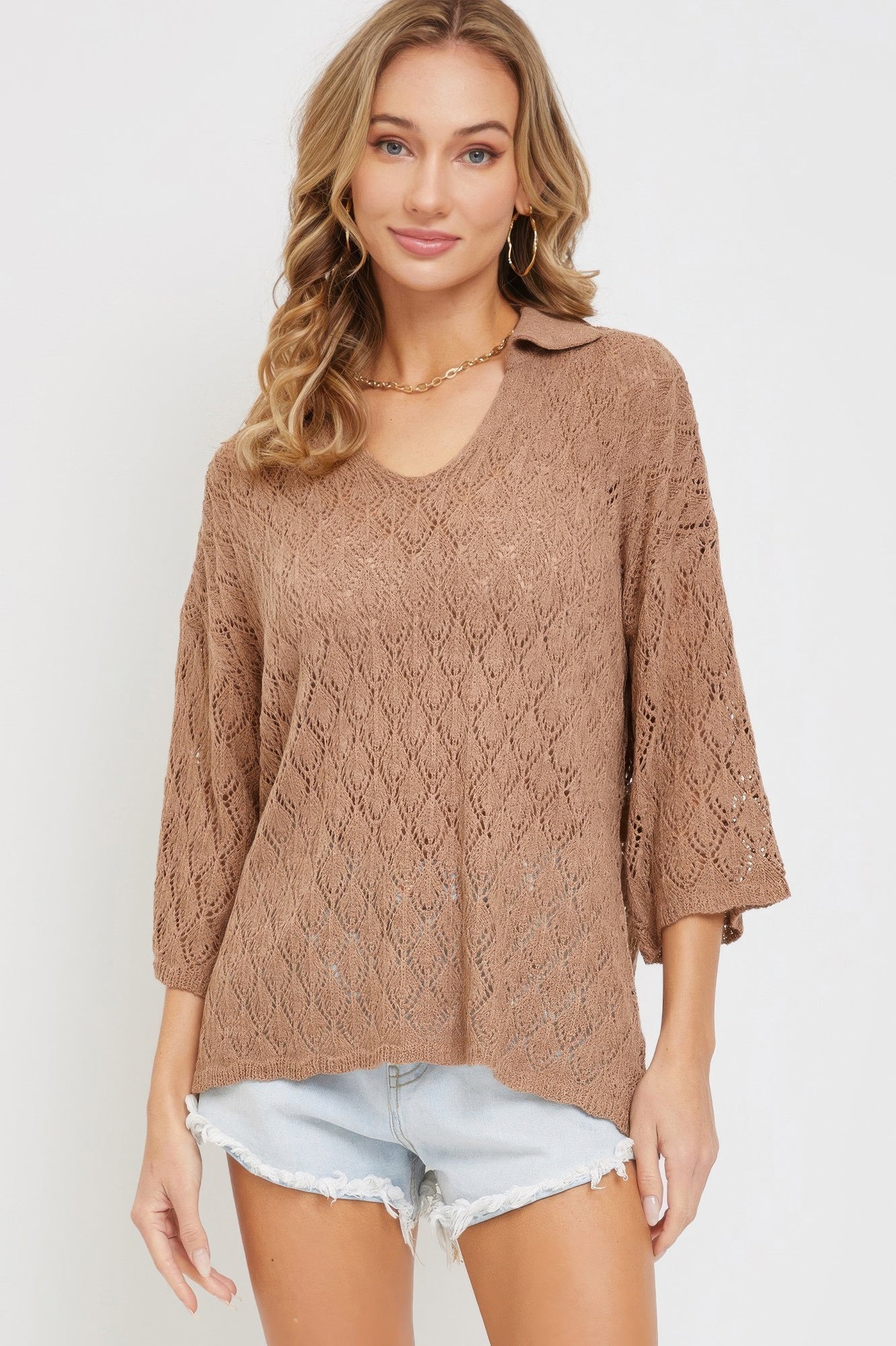 Mocha Pointelle V-neck Knit Top Simmer & Fay