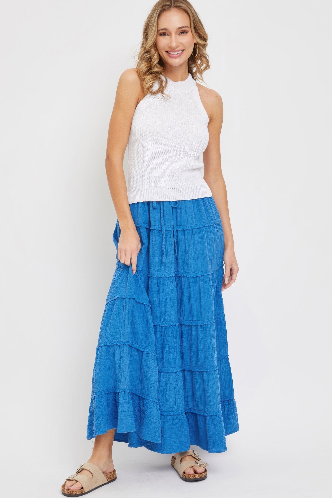 Blue Cotton Gauze Tiered Maxi Skirt Simmer & Fay