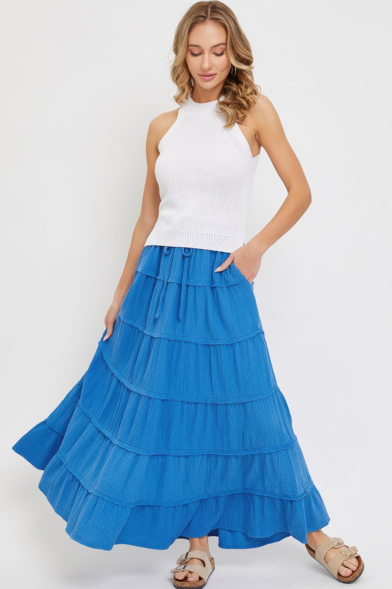 Blue Cotton Gauze Tiered Maxi Skirt Simmer & Fay