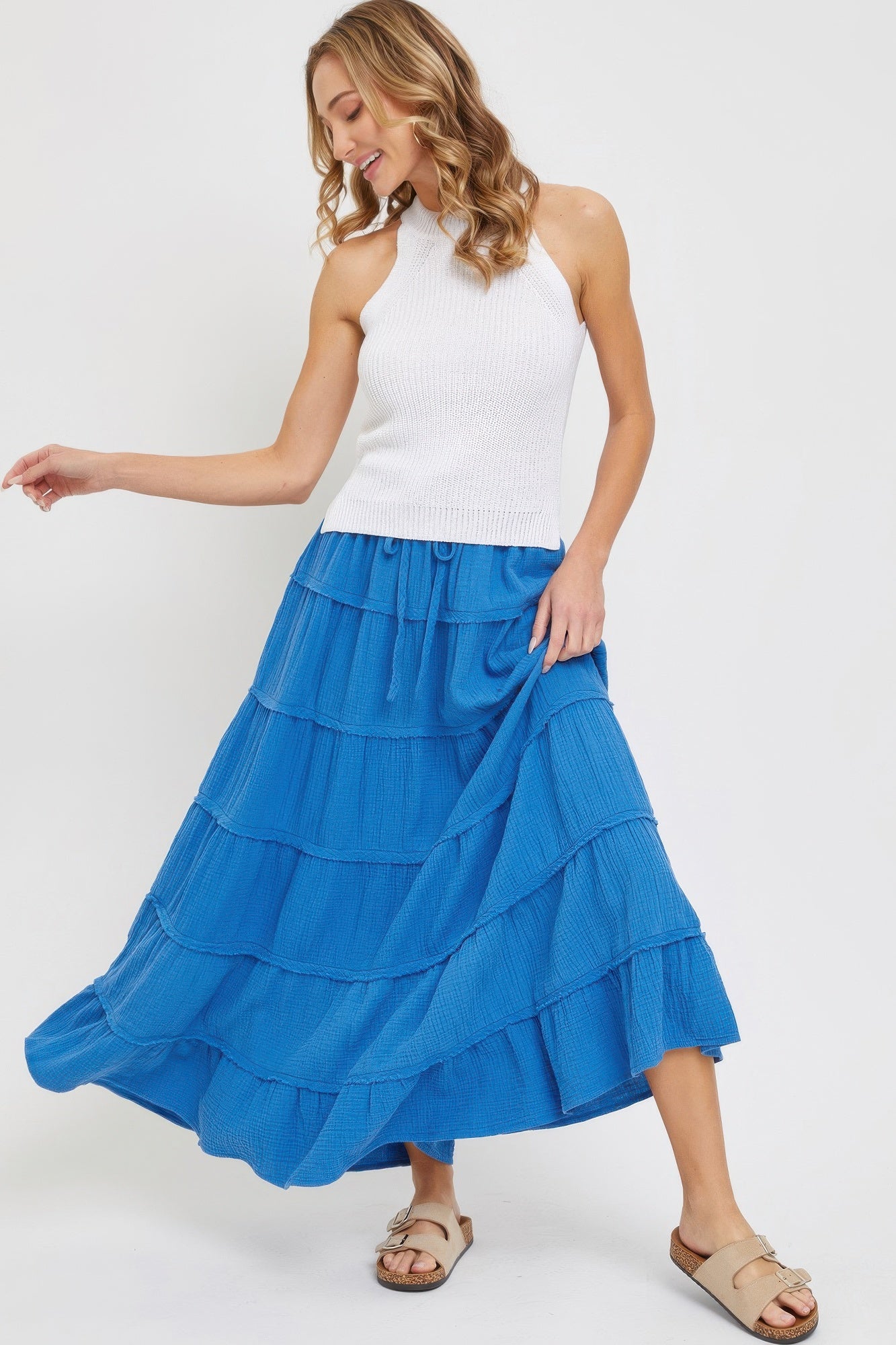 Blue Cotton Gauze Tiered Maxi Skirt Simmer & Fay