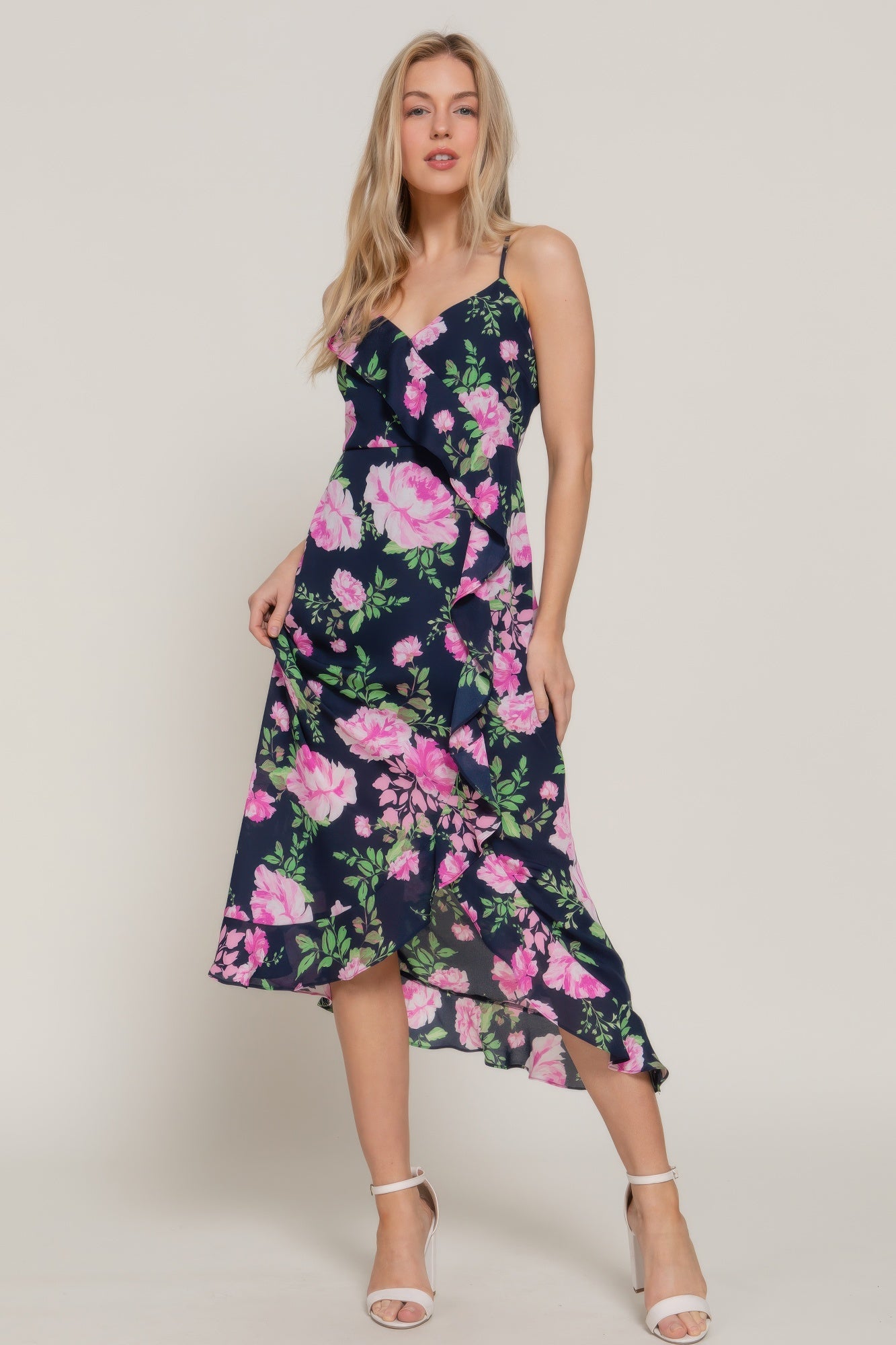 Floral Print Ruffle Slip Midi Dress Simmer & Fay