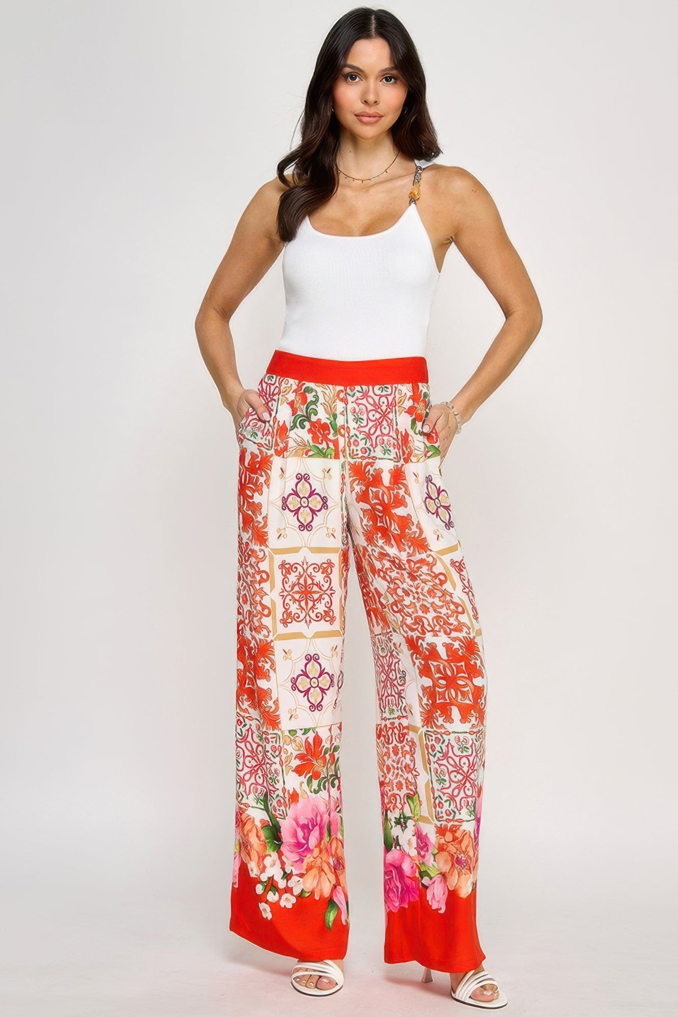 Printed Wide Leg Pants With Elastic Back Simmer & Fay