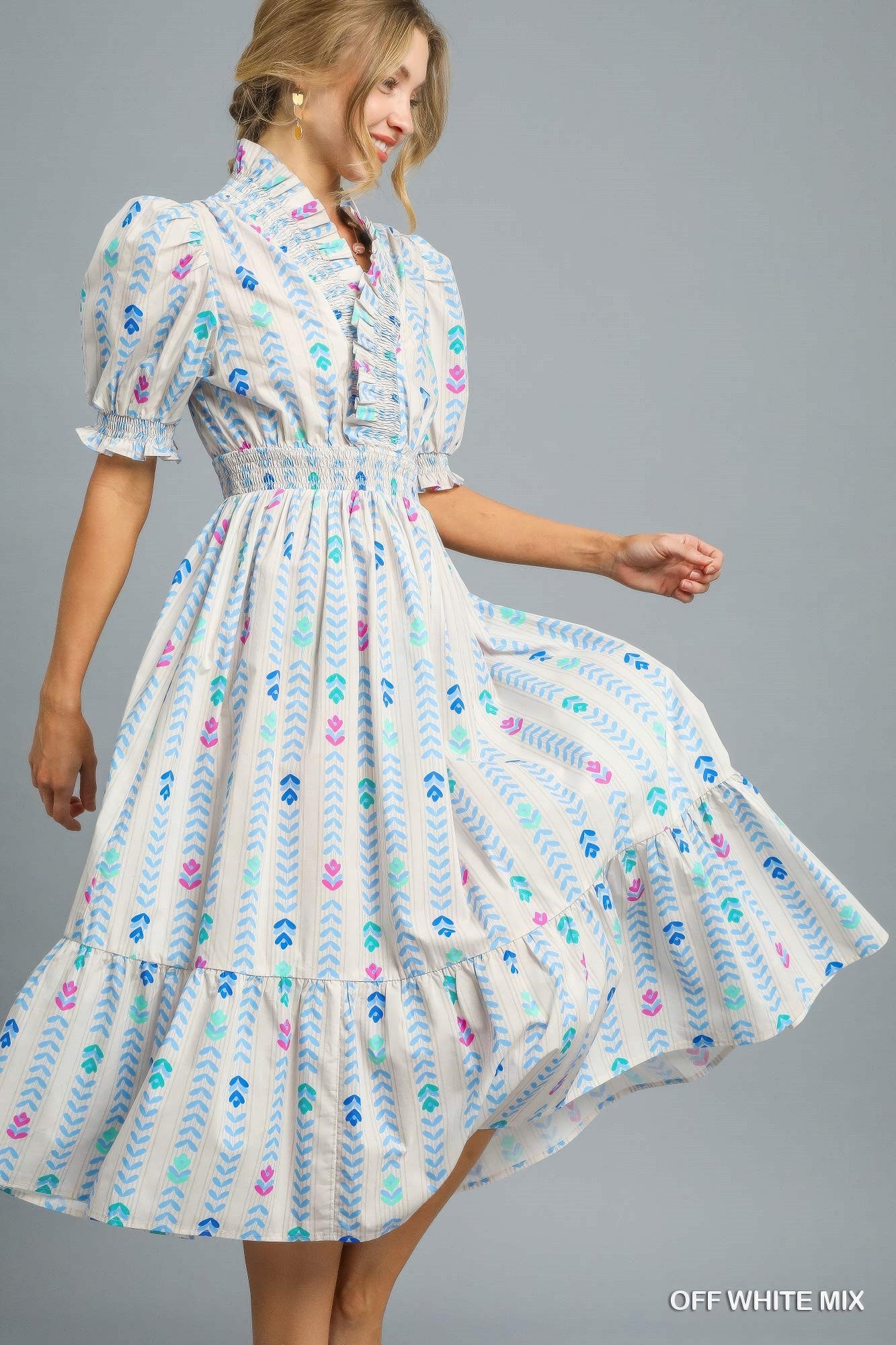 Vibrant Ruffle Floral Smocked Midi Dress Simmer & Fay