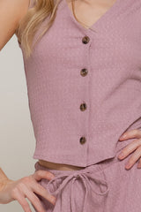 Button Closure Vest & Long Pants Set in Mauve Simmer & Fay