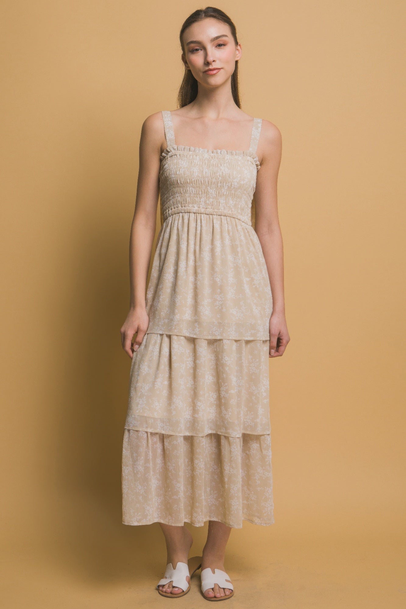Tiered Midi Floral Dress in Beige Simmer & Fay