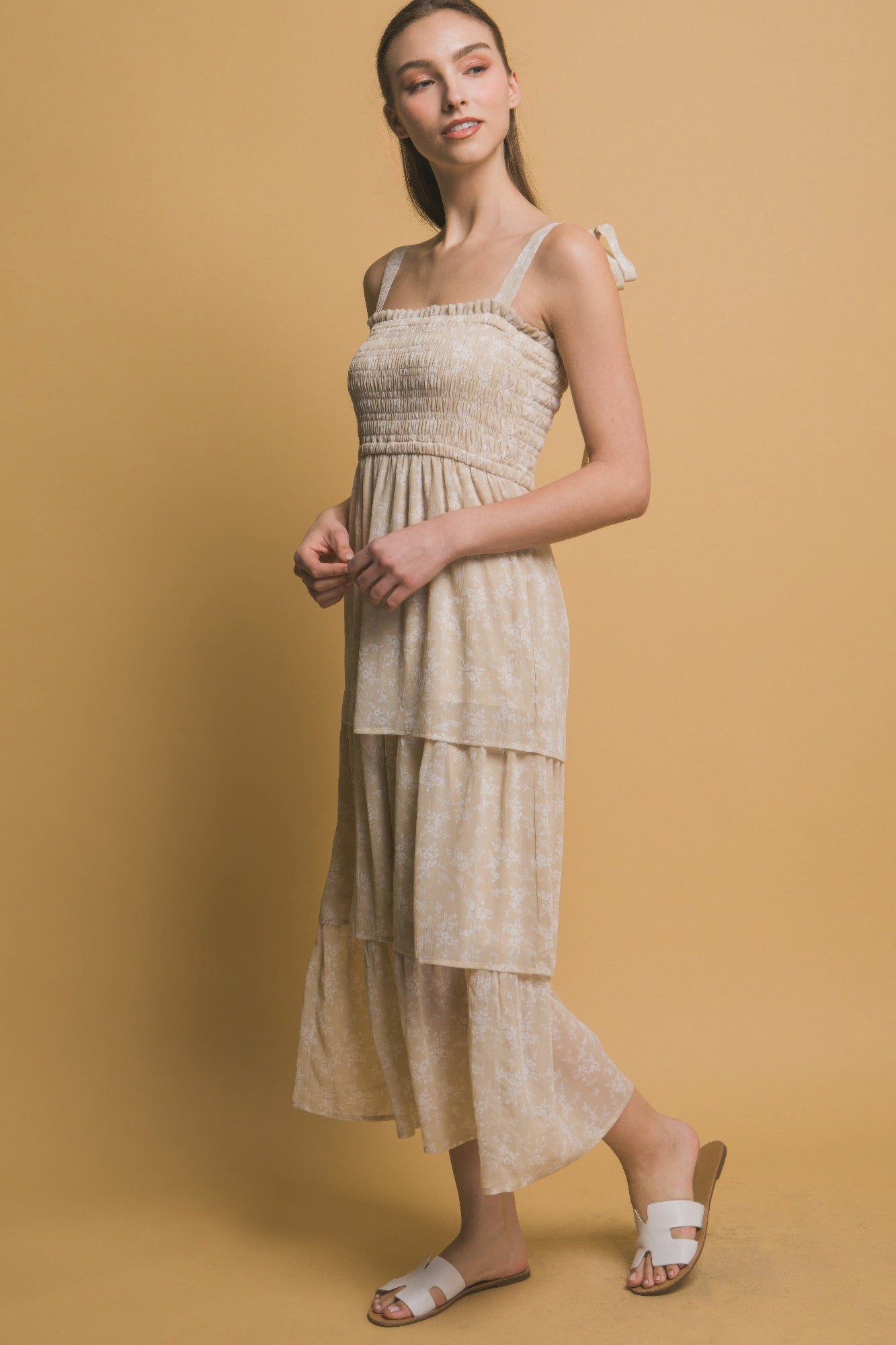 Tiered Midi Floral Dress in Beige Simmer & Fay