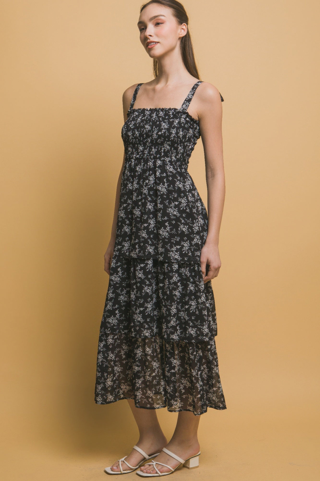 Tiered Midi Floral Dress in Black Simmer & Fay