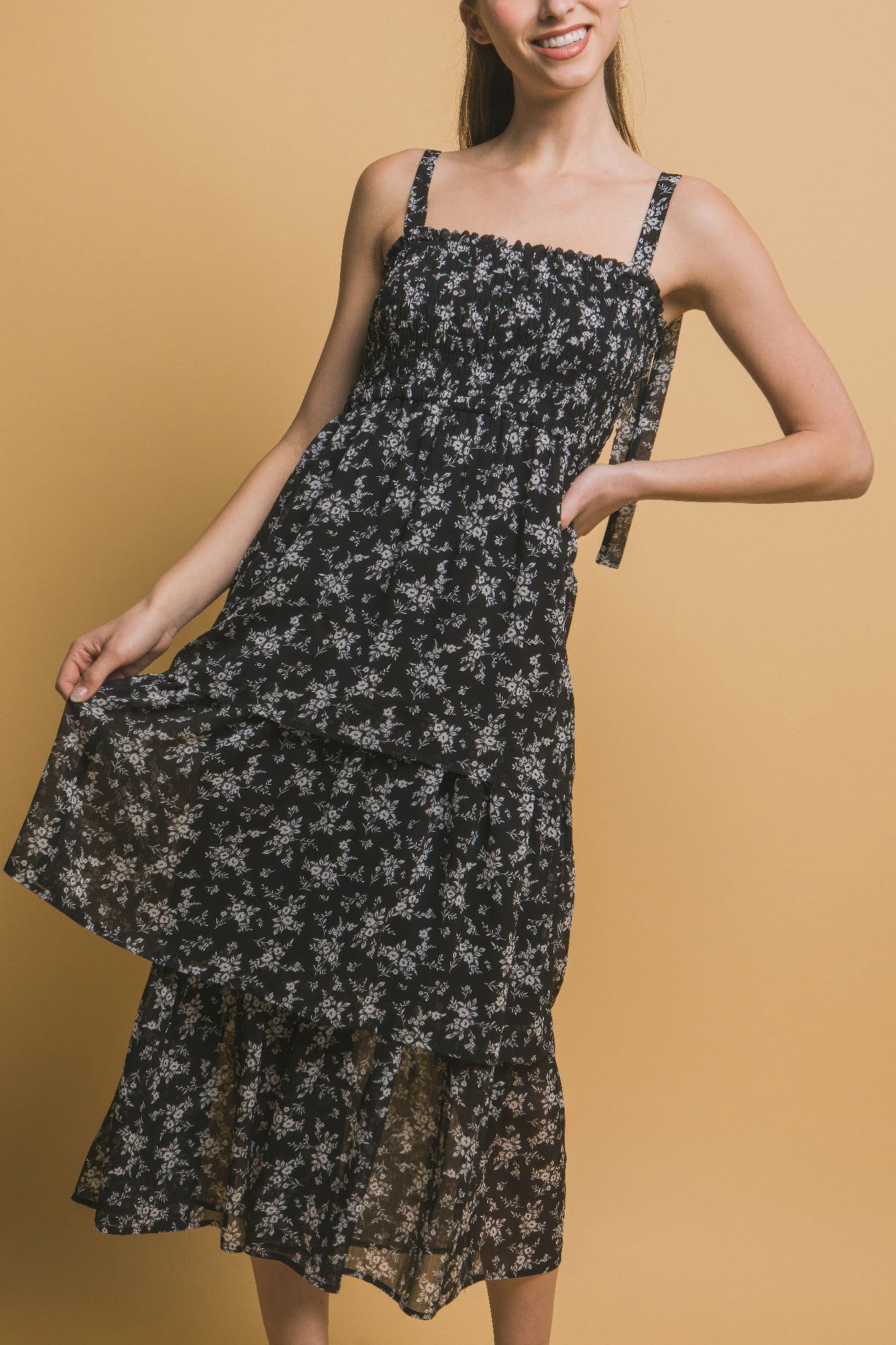 Tiered Midi Floral Dress in Black Simmer & Fay