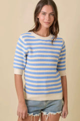Short Sleeve Sweater Knit Blue Stripe Top Simmer & Fay