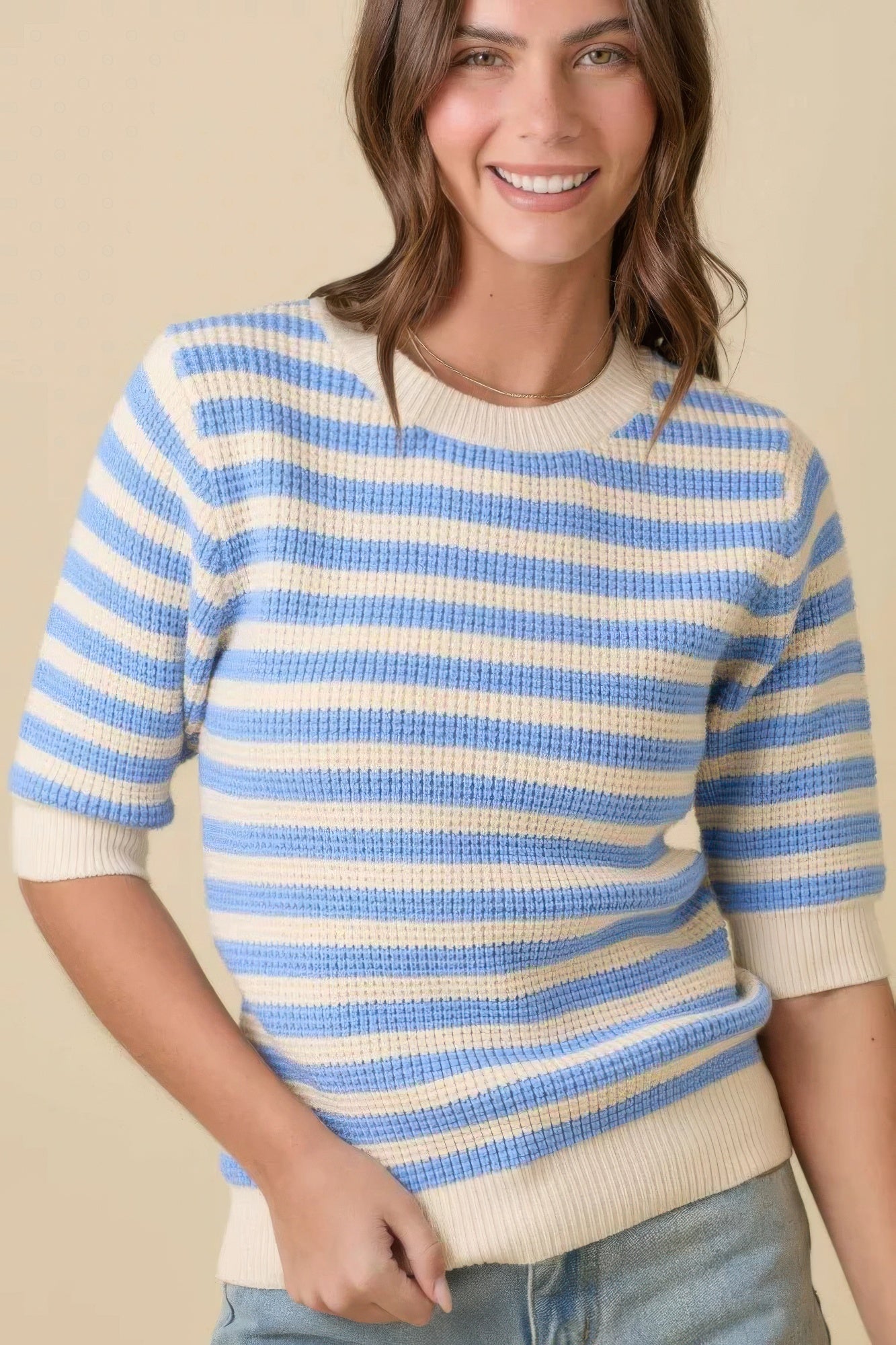 Short Sleeve Sweater Knit Blue Stripe Top Simmer & Fay