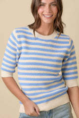 Short Sleeve Sweater Knit Blue Stripe Top Simmer & Fay