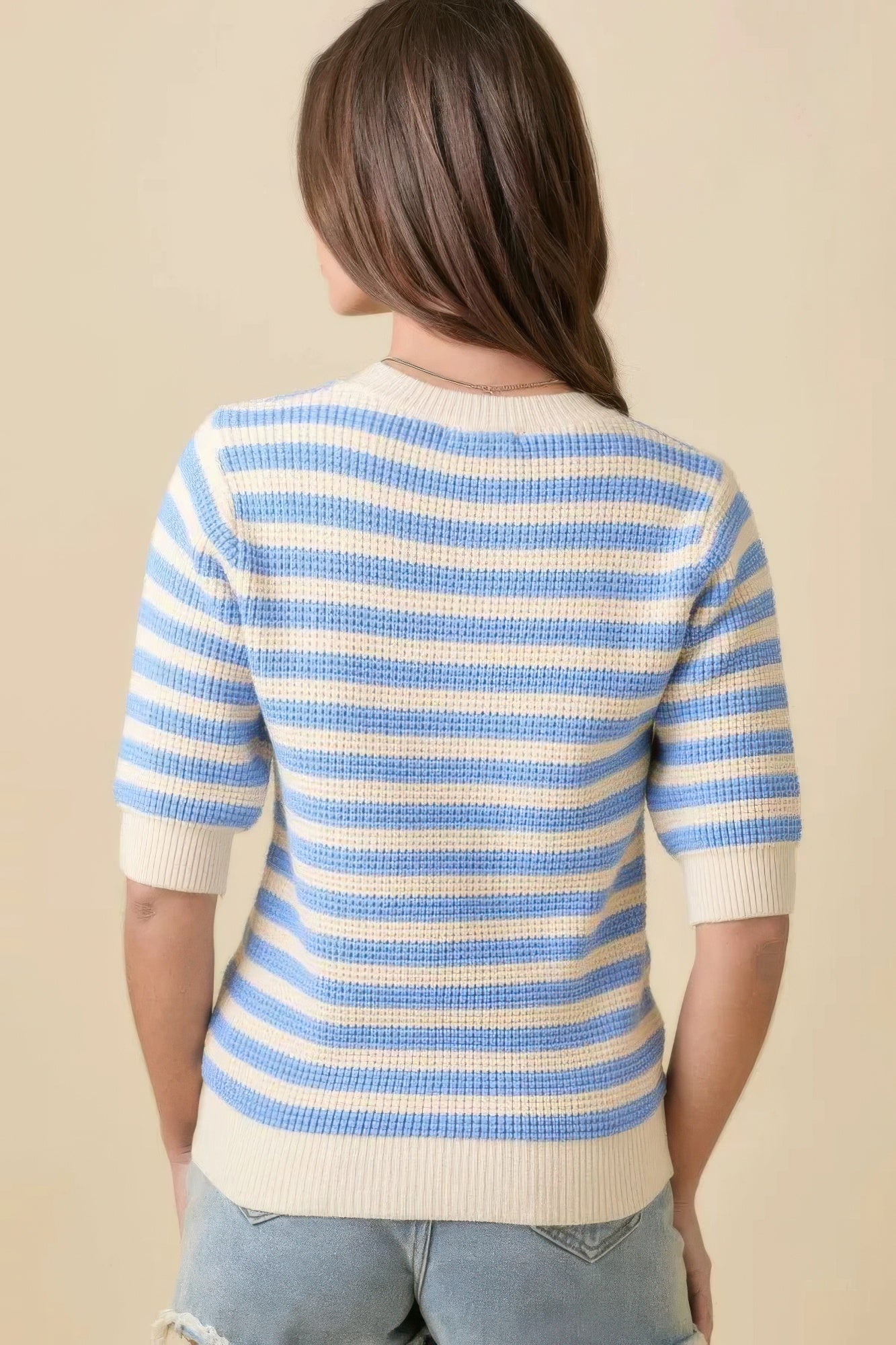 Short Sleeve Sweater Knit Blue Stripe Top Simmer & Fay