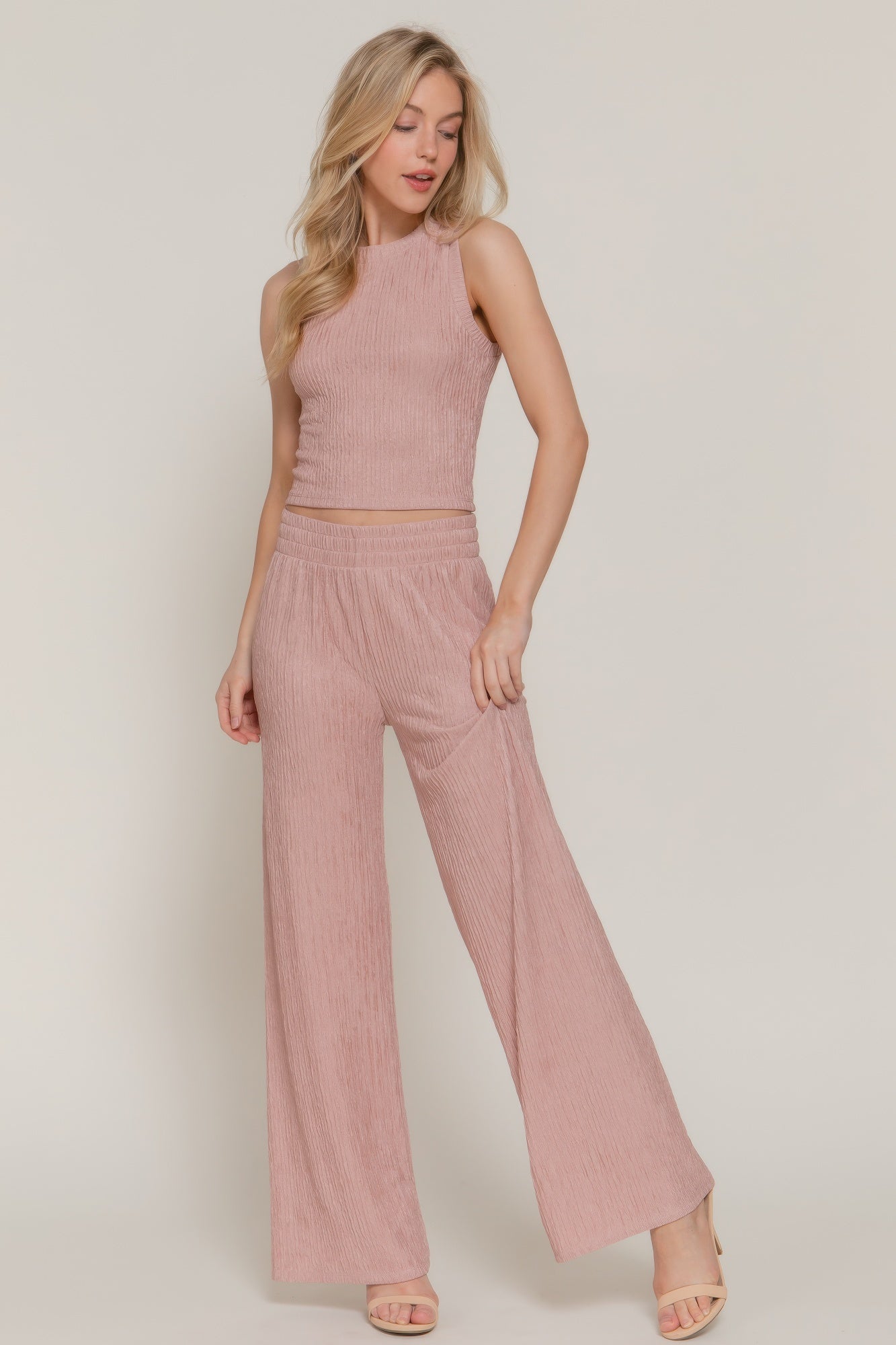 Sleeveless Top & Crinkle Knit Pants Set in Pink Simmer & Fay S