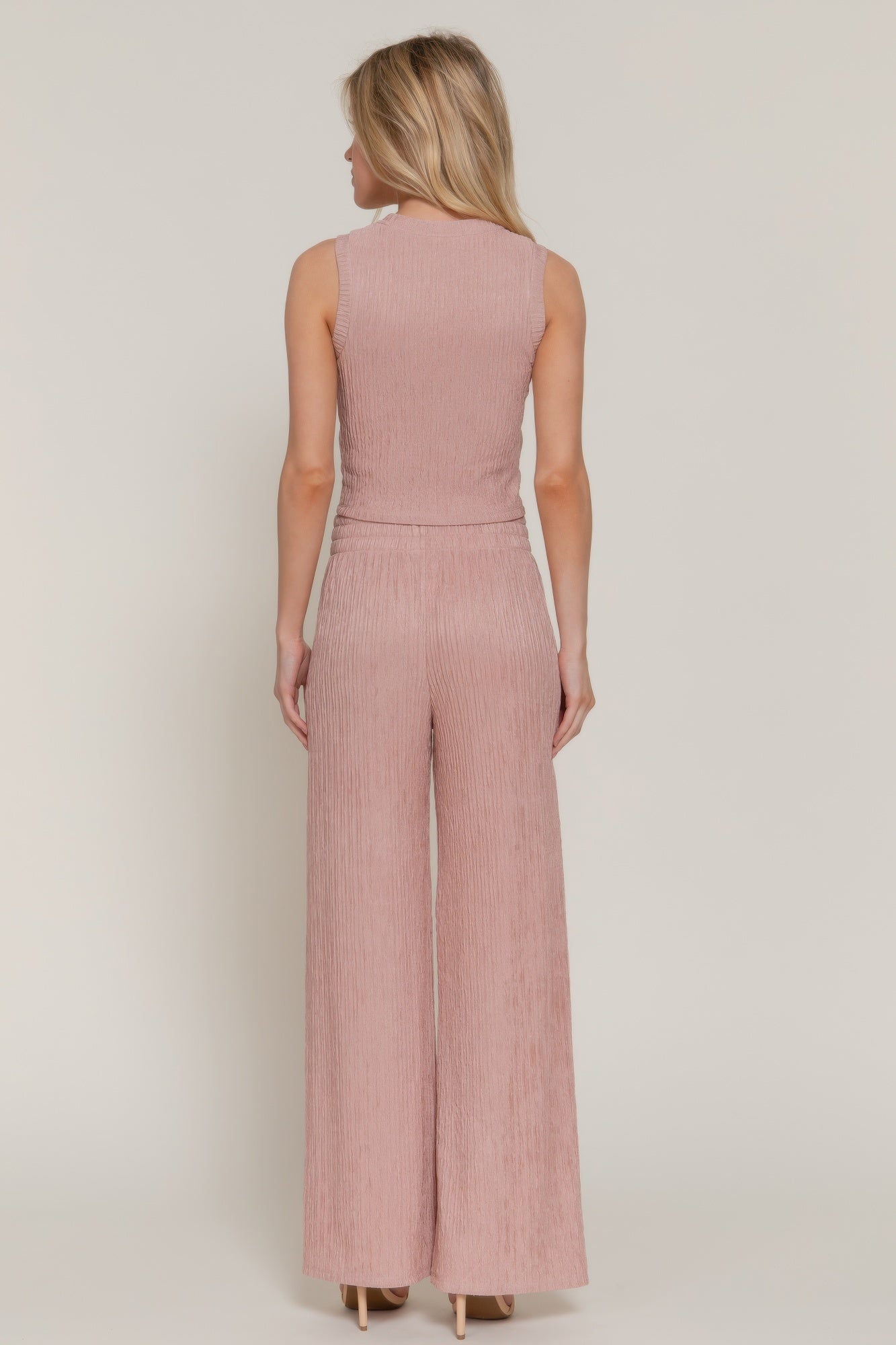 Sleeveless Top & Crinkle Knit Pants Set in Pink Simmer & Fay