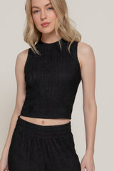 Sleeveless Top & Crinkle Knit Pants Set in Black Simmer & Fay