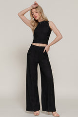 Sleeveless Top & Crinkle Knit Pants Set in Black Simmer & Fay
