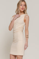 Asymmetric Off Shoulder Rib Mini Dress in Beige Simmer & Fay