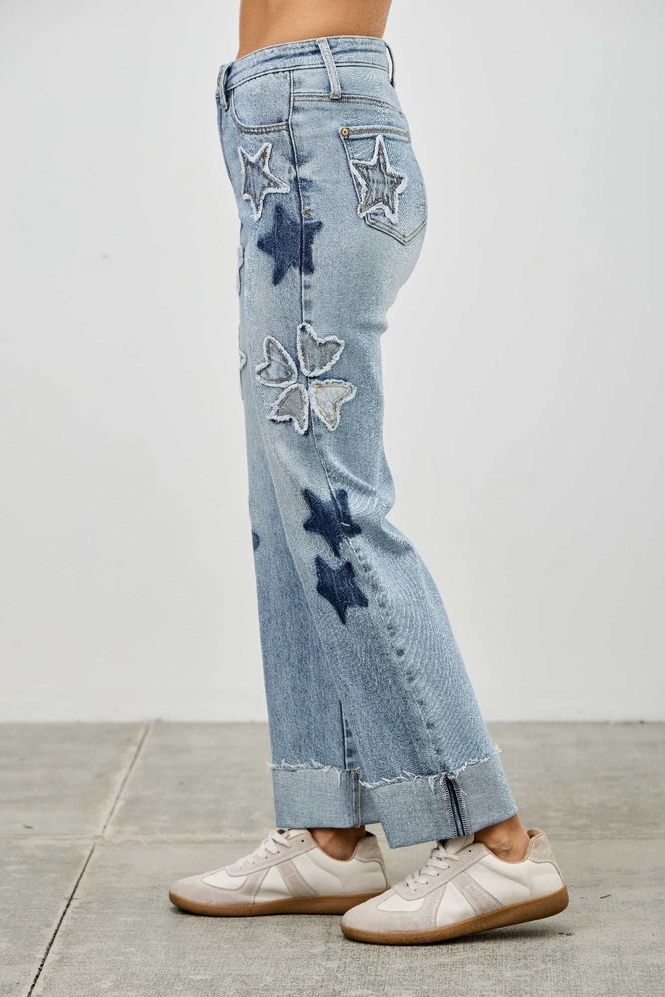 High Rise Star & Heart Patched Dad Jean W/stretch Saige Jeans