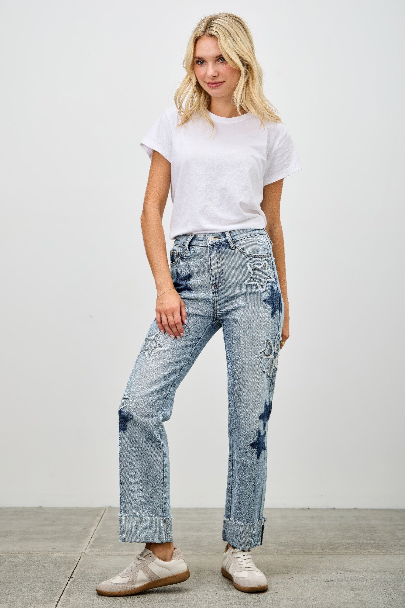 High Rise Star & Heart Patched Dad Jean W/stretch Saige Jeans