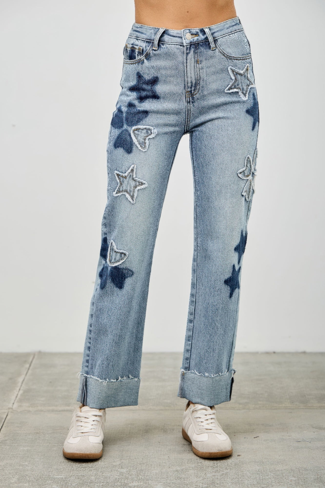 High Rise Star & Heart Patched Dad Jean W/stretch Saige Jeans