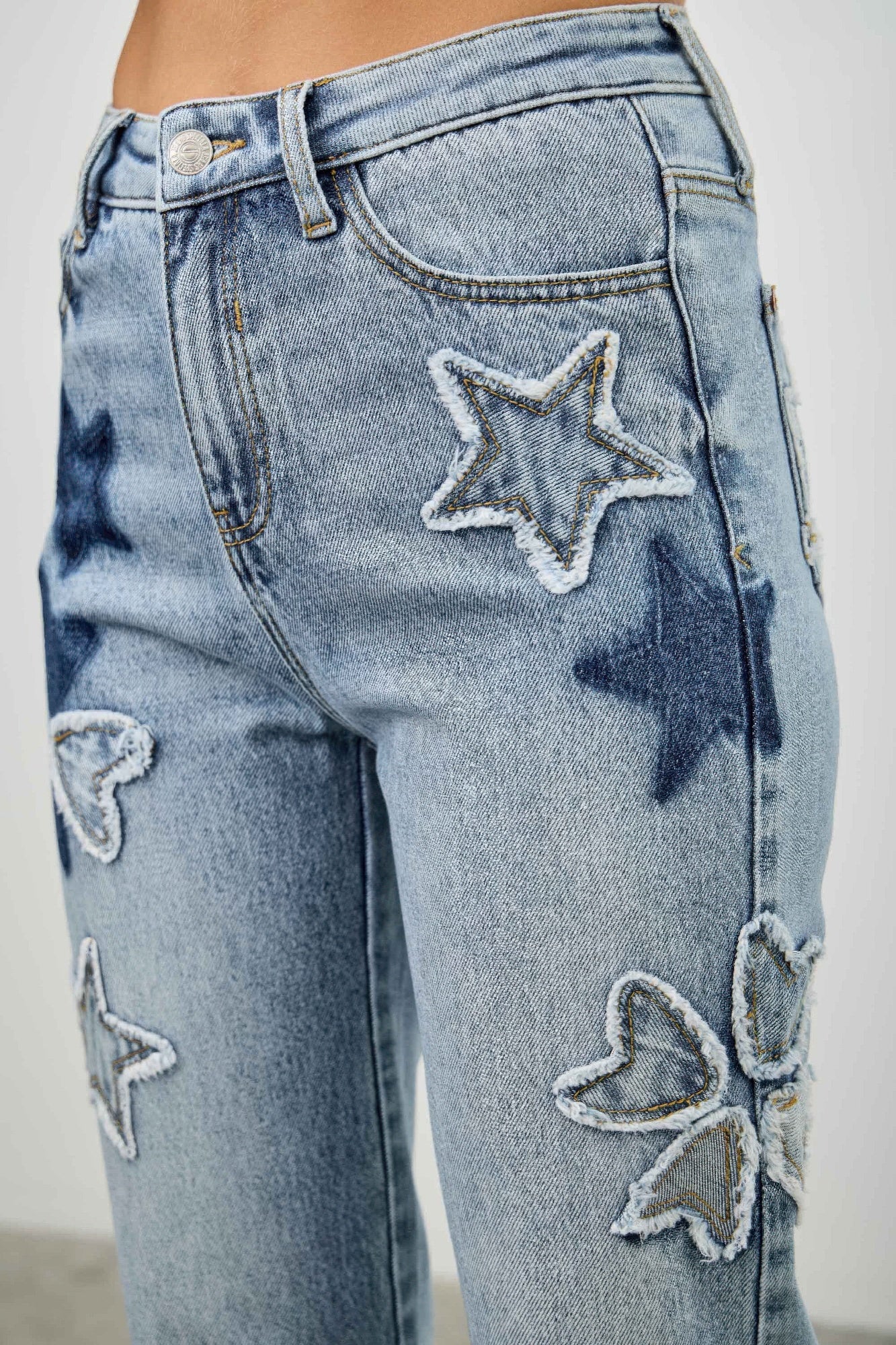 High Rise Star & Heart Patched Dad Jean W/stretch Saige Jeans