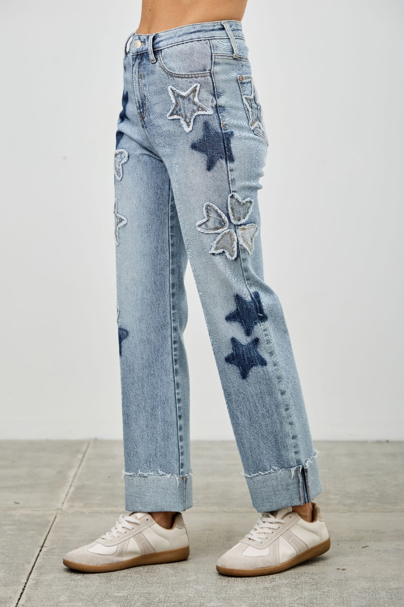 High Rise Star & Heart Patched Dad Jean W/stretch Saige Jeans