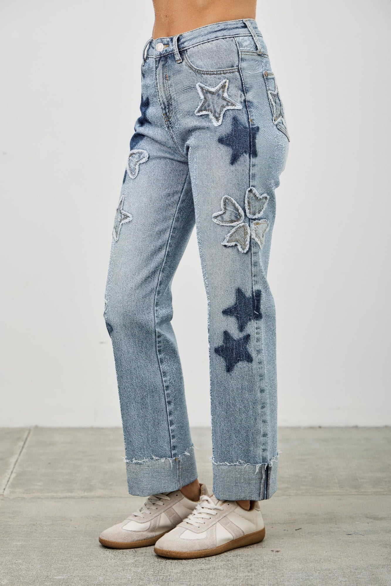 High Rise Star & Heart Patched Dad Jean W/stretch Saige Jeans