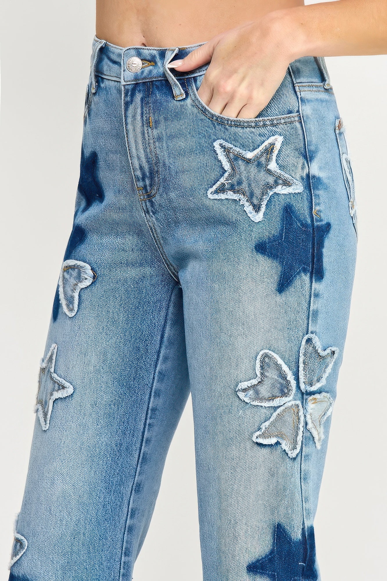 High Rise Star & Heart Patched Dad Jean W/stretch Saige Jeans