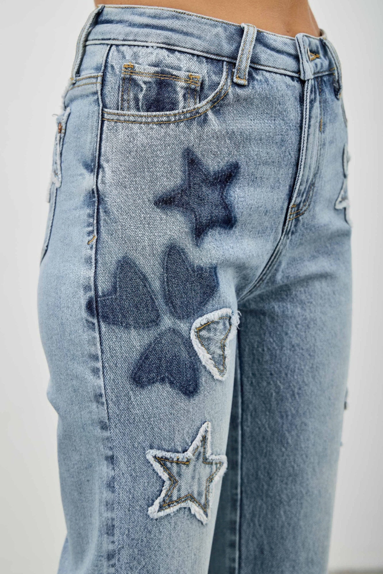 High Rise Star & Heart Patched Dad Jean W/stretch Saige Jeans