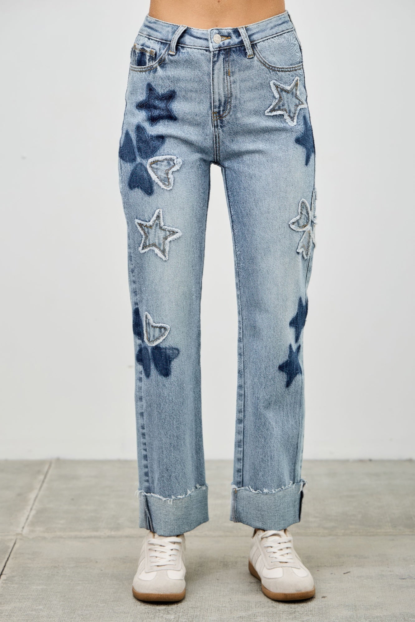 High Rise Star & Heart Patched Dad Jean W/stretch Saige Jeans