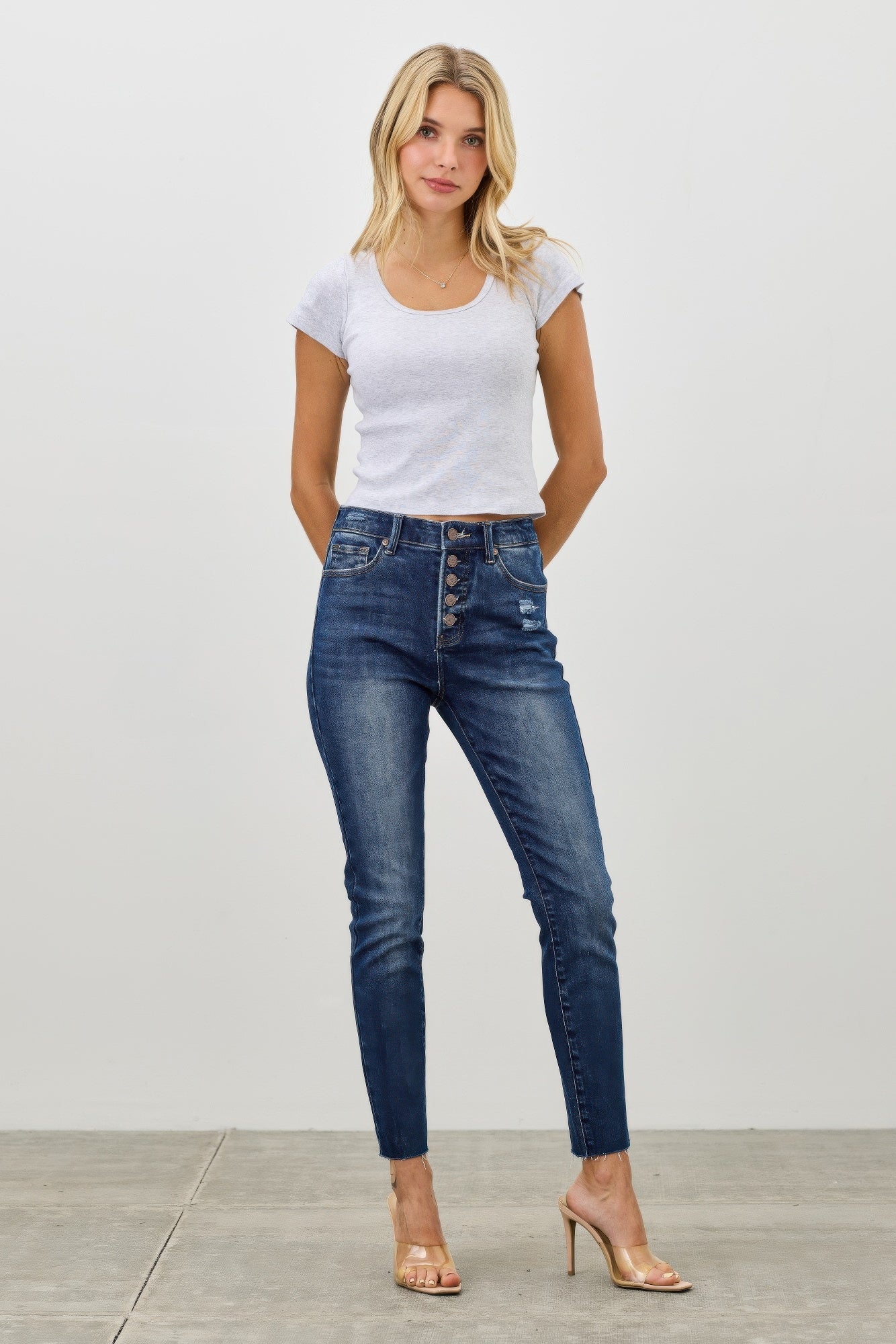High Rise Ankle Skinny Jeans With Button Fly Saige Jeans