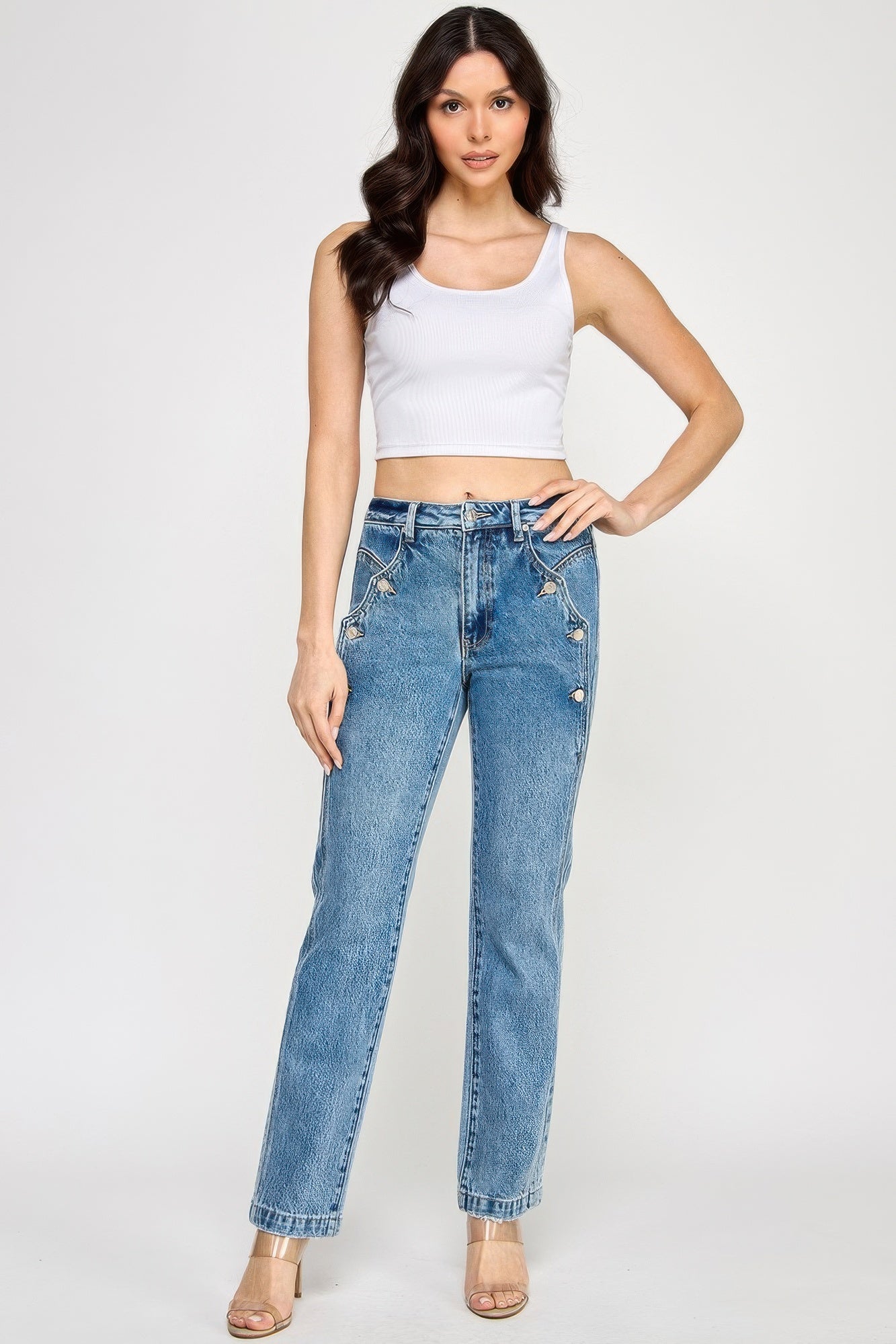 High Rise Dad Jean With Scallop Pocket Saige Jeans