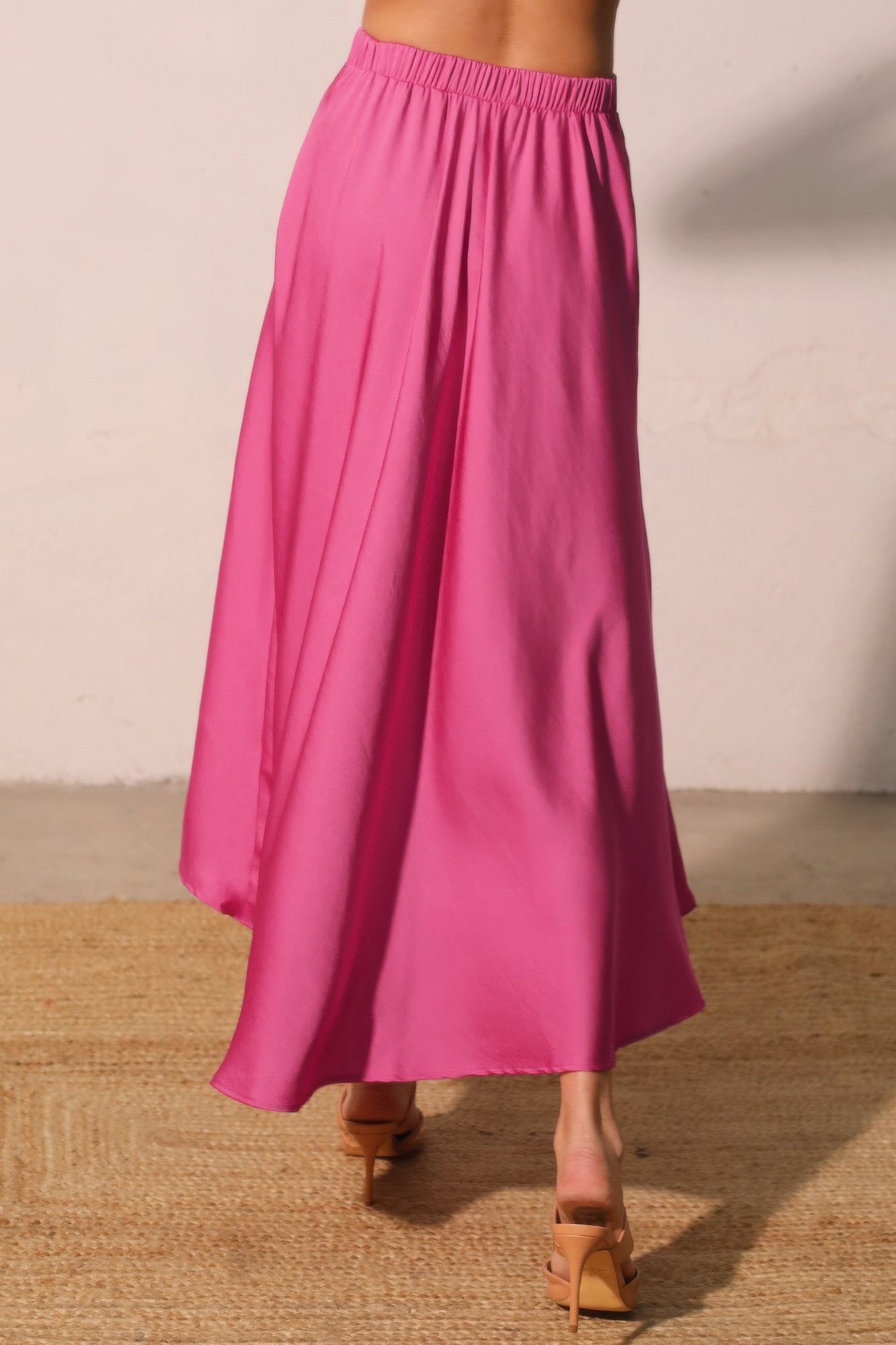 Pink Pleated Washed Poly Silk Midi Swing Skirt TYCHE