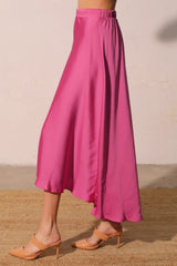 Pink Pleated Washed Poly Silk Midi Swing Skirt TYCHE