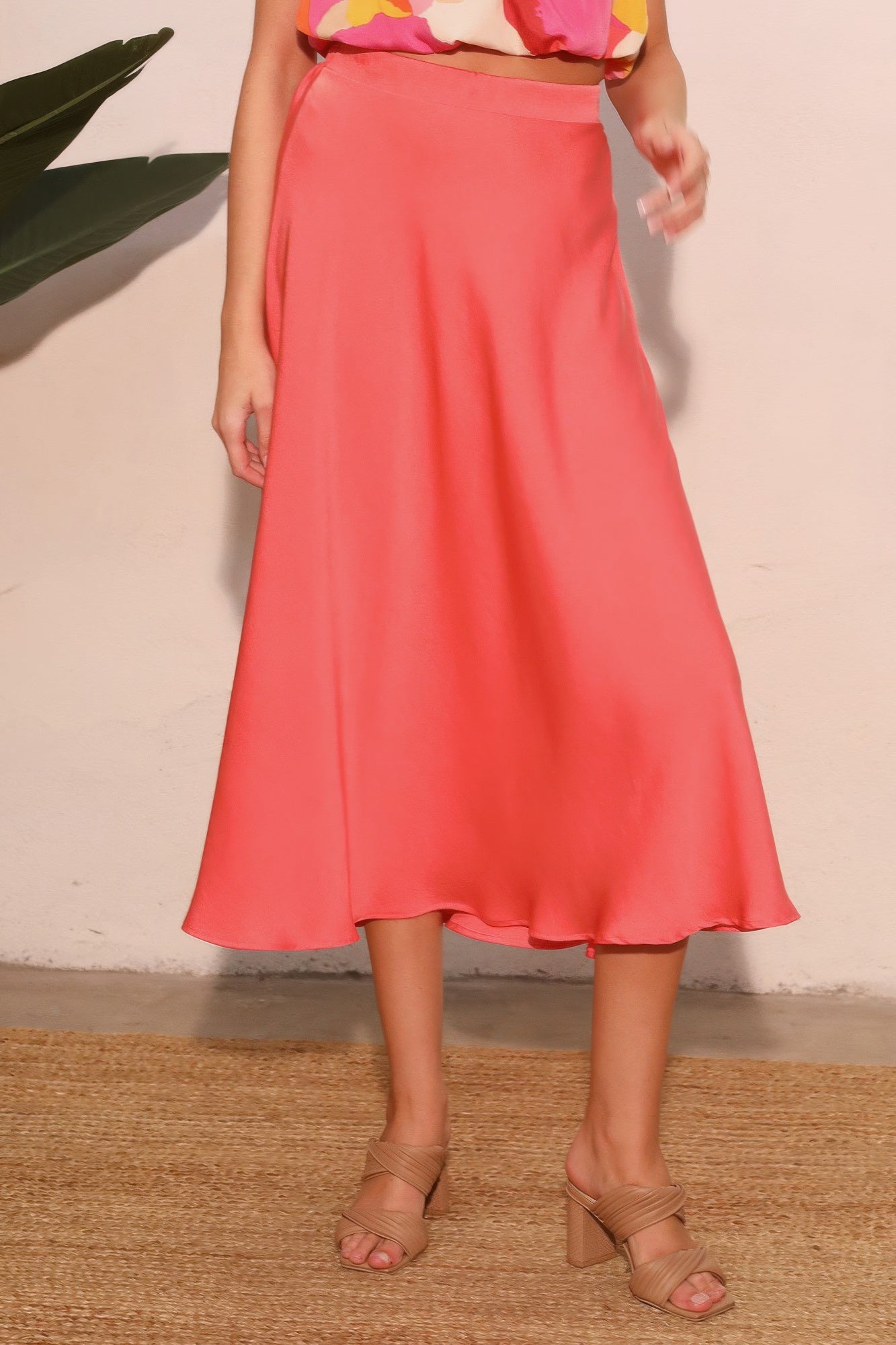 Coral Pleated Washed Poly Silk Midi Swing Skirt TYCHE S