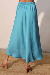 Turquoise Pleated Washed Poly Silk Midi Swing Skirt TYCHE
